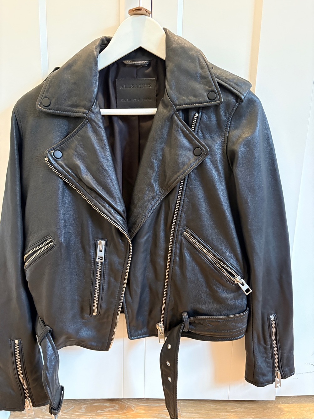 AllSaints Black Leather Biker Jacket with Silver Zippers - Picture 2 of 3